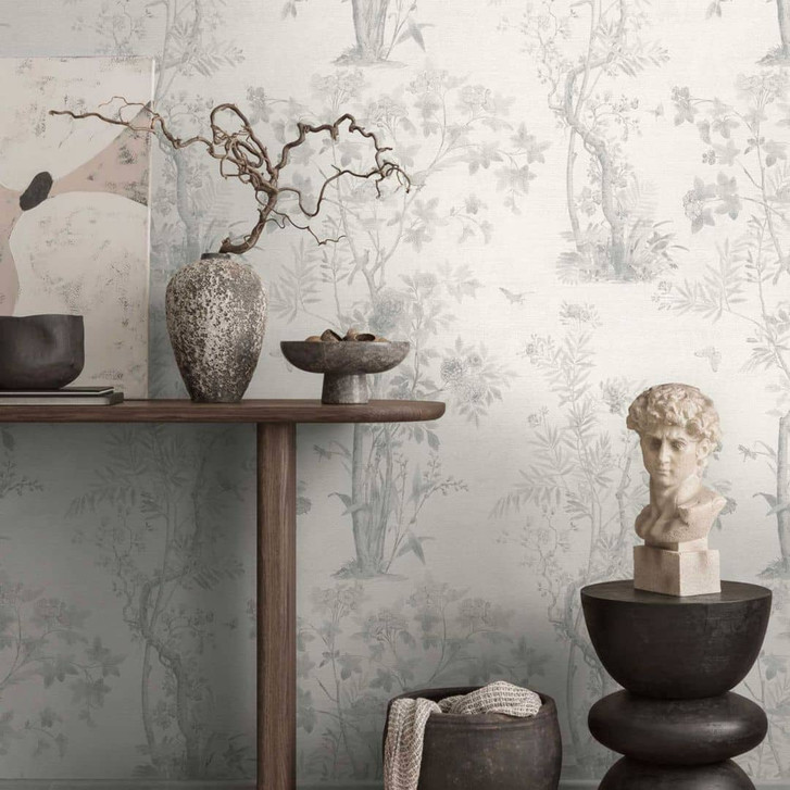 Florale Mustertapete mit Schmetterlingen Hellgrau Weiss - Vliestapete Naturmotiv - WA480112