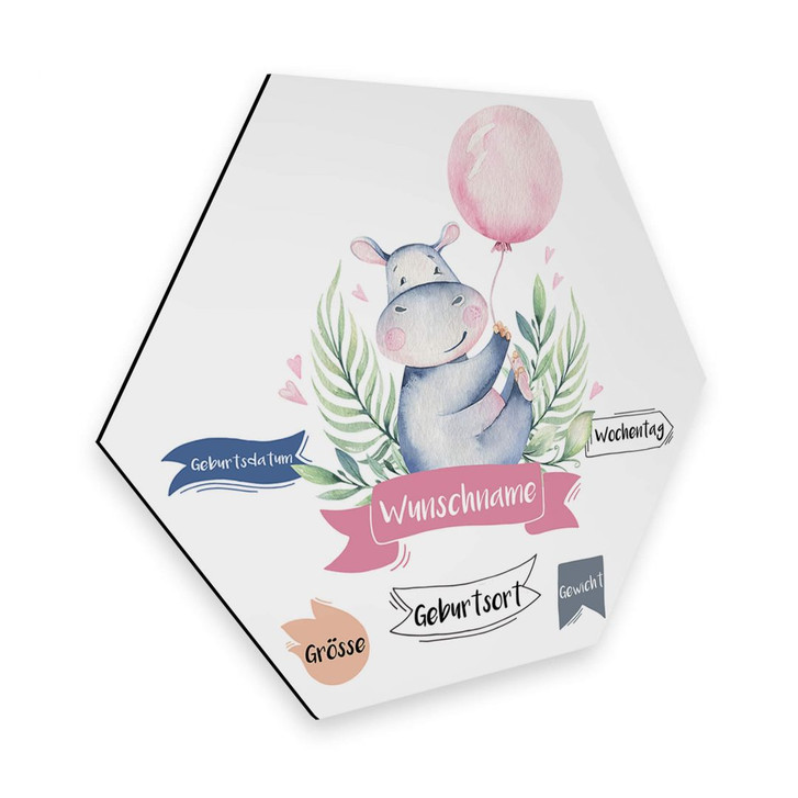 Hexagon - Alu-Dibond Kvilis - Flusspferd rosa Luftballon & Wunschtext - WA299579