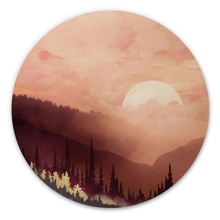 Holzbild Rosa Sonnenuntergang über dem Wald - SpaceFrog Designs - Rund - WA516415