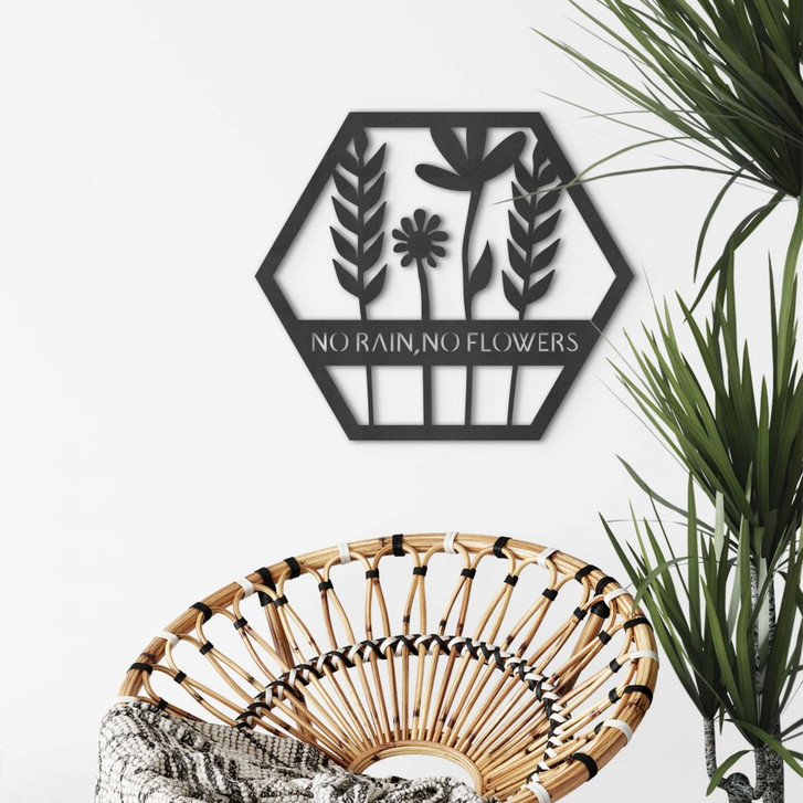 MDF - Holzdeko - Blumen im Hexagon - No Rain No Flowers - WA335987