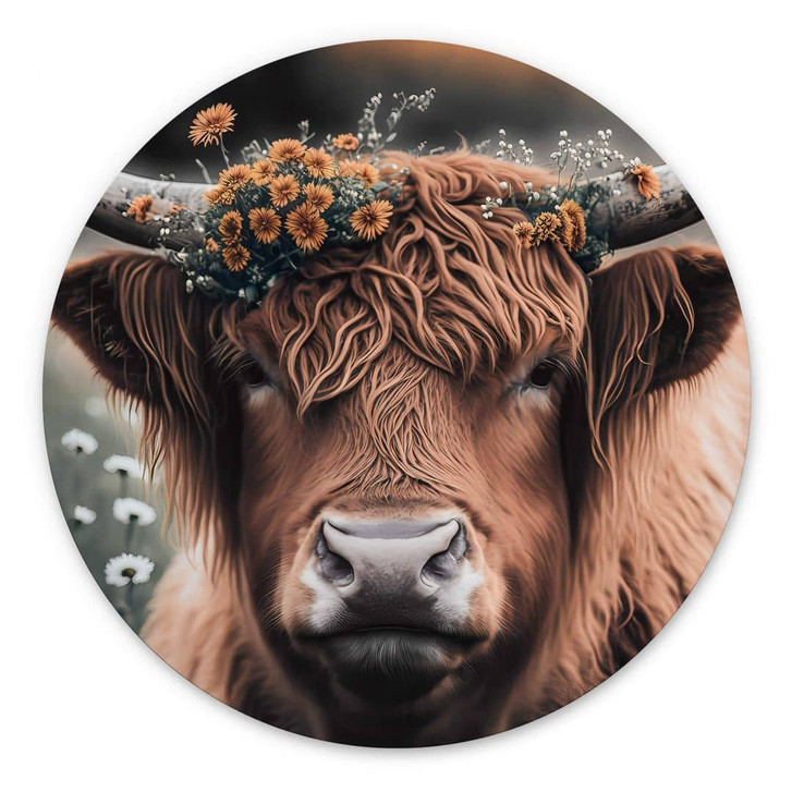 Rundes Wandbild Treechild - Hochlandkuh mit Blütenkranz - Alu-Dibond - WA394400