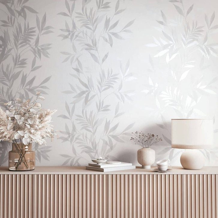Vliestapete in weiss, grau Blattmotiv Blätteroptik Floral Natur - WA446441