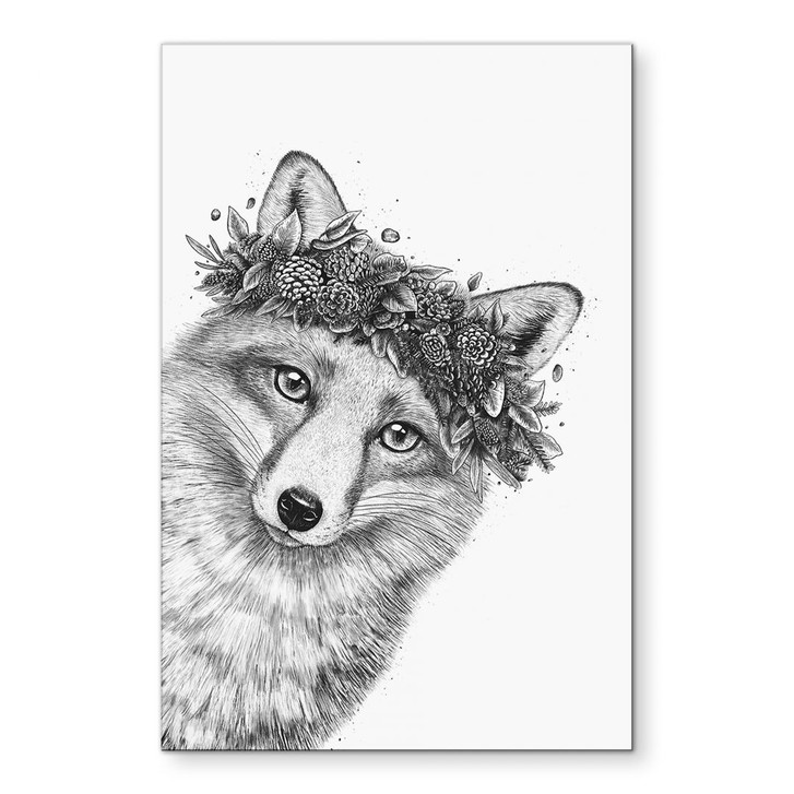 Wandbild Schwarz-weisser Fuchs mit Blumenkranz - Korenkova - Alu-Dibond - WA434160