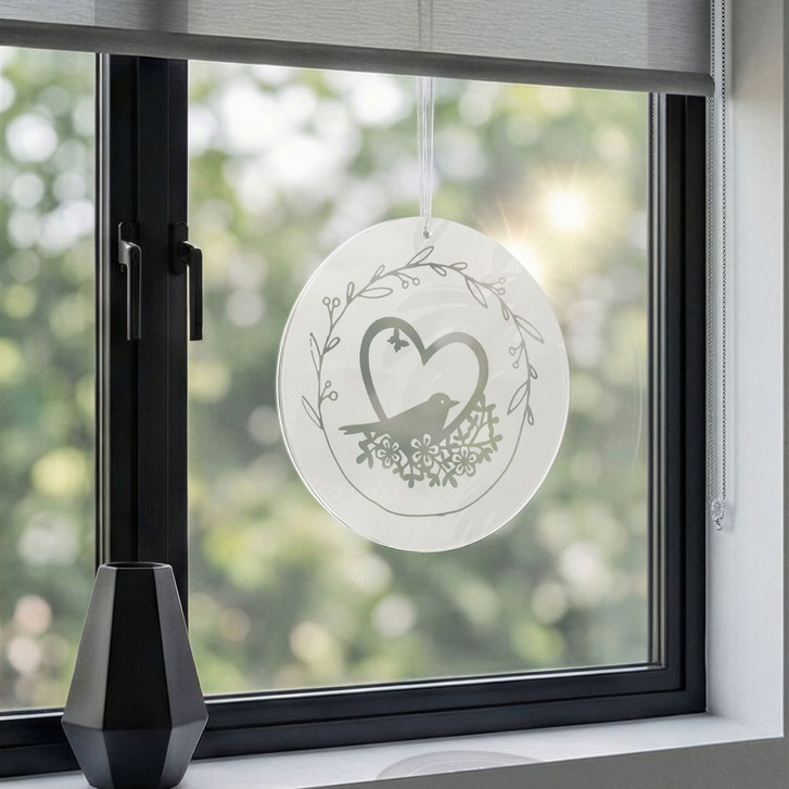 Acrylglasbild, Fensterbild zum Aufhängen Vogel im Blumenherz - Rund - WA491346