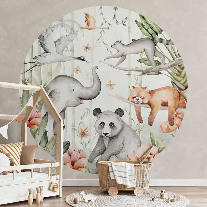 Fototapete Kinderzimmer - Asiatische Tiere im Bambuswald - Kvilis - Rund - Selbstklebend/Vlies - WA424636