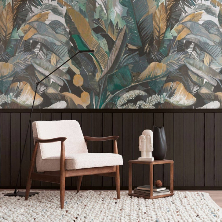 Fototapete Tropenblätter Dunkelgrün Braun mit Holzpaneel – Vliestapete erweiterbar - WA460896