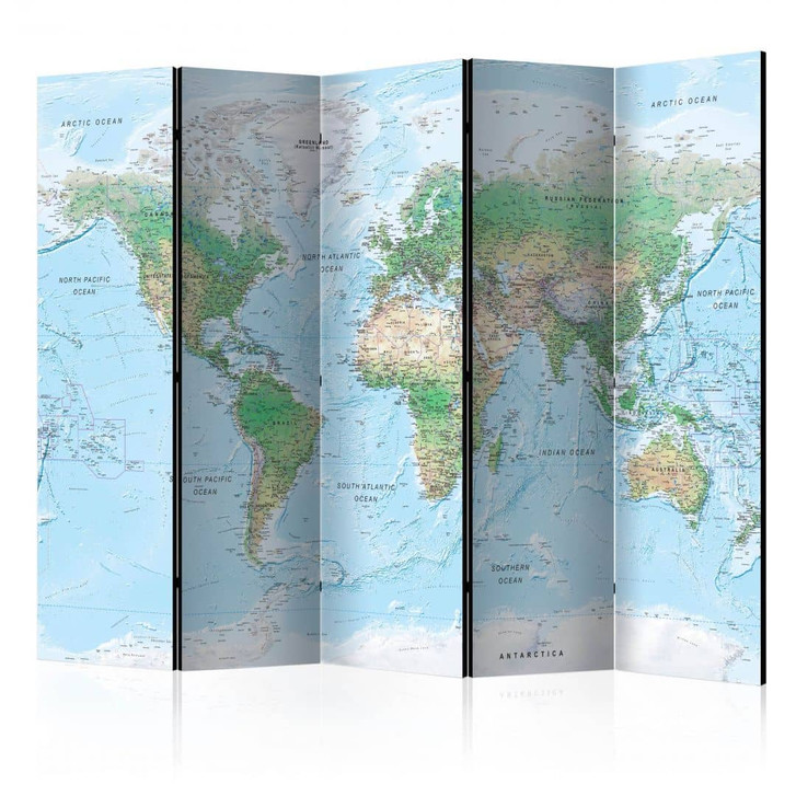 Paravent, Raumteiler freistehend, Trennwand - Weltkarte - Terrakotta-Globus, 5-teilig - 225 x 172 cm - WA454754
