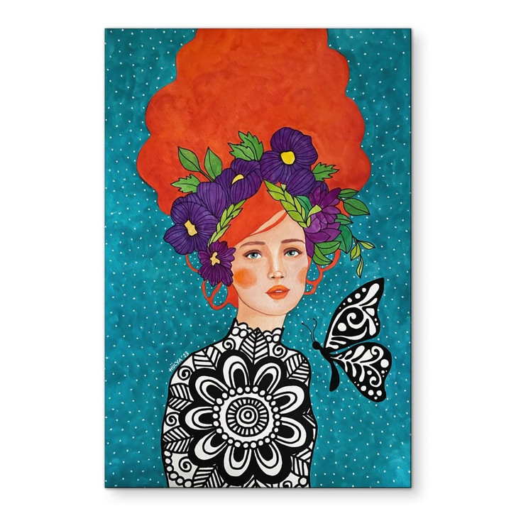 Wandbild Schmetterlingsfrau mit Blütenkranz - Hülya - Alu-Dibond - WA492041