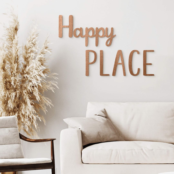 3D Deko Schriftzug Happy Place - Mahagoniholz - WA402036