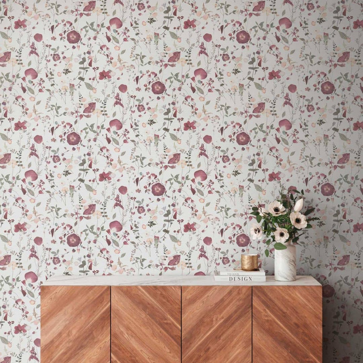 Florale Tapete Blumen Aquarell - Vliestapete in Lila Grün Beige - Romantische Blumentapete - WA465199