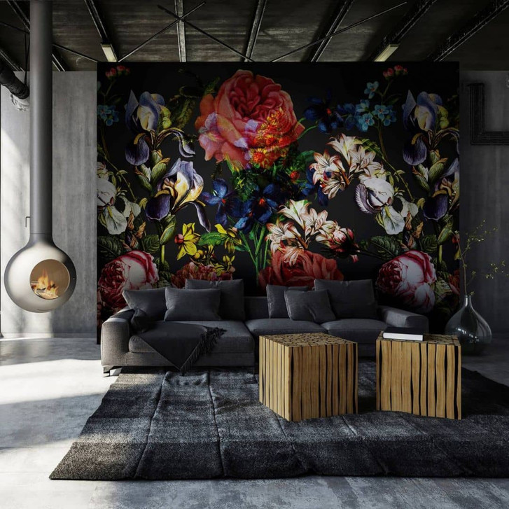Fototapete mit Blumenmotiven, Schwarz Floral 3.40 x 3.18 m - WA448864