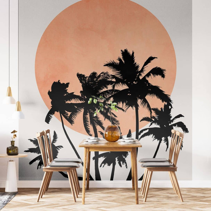 Fototapete Palmen vor der orangen Sonne - Kubistika - WA399003