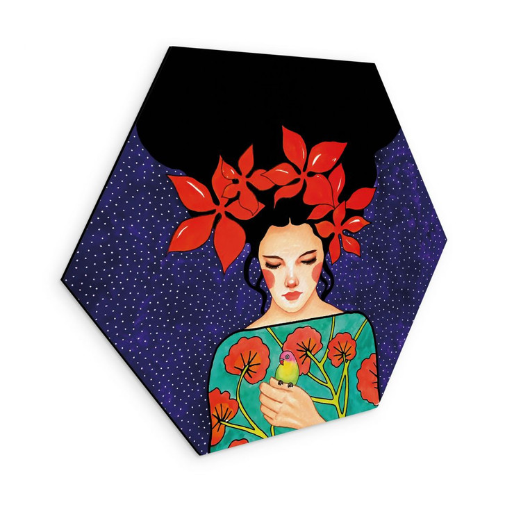 Hexagon Wandbild Frau mit roter Blütenkrone und Vogel - Hülya - Alu-Dibond - WA484952