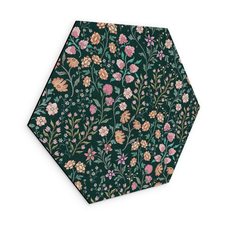Hexagon Wandbild Wiesenblumen Vintage - Dunkelgrün - Bloomery Decor - Alu-Dibond - WA491811