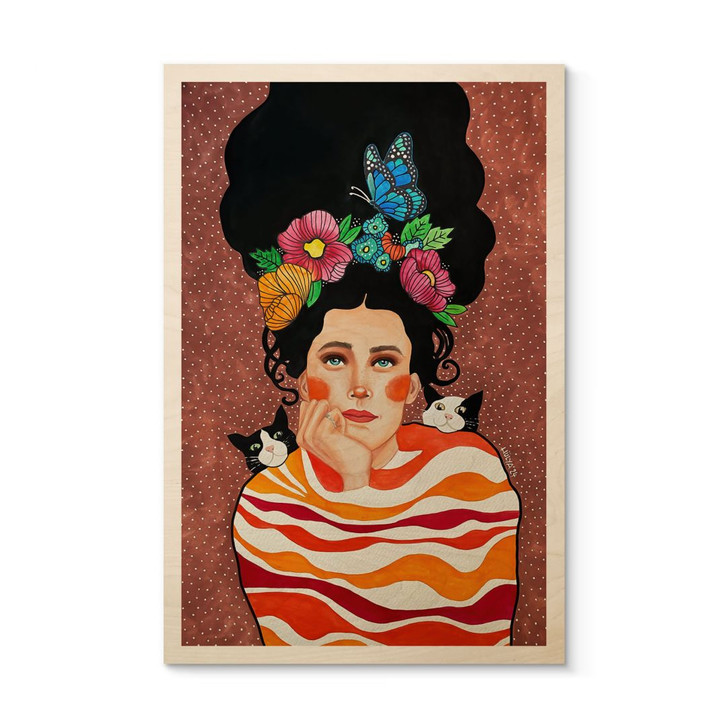 Holzbild Frau mit Blumenkrone und Katzen - Hülya - WA495689