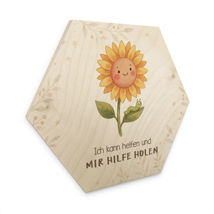 Holzbild Hexagon mit Sonnenblume und Raupe - Bestärkung 