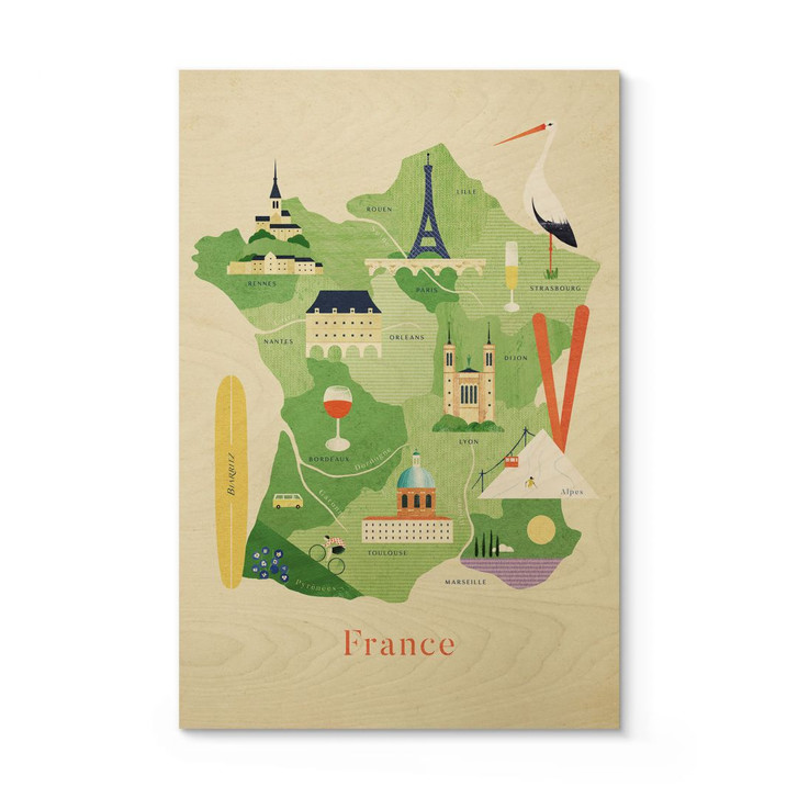 Holzbild Karte von Frankreich - Rivers - WA425764