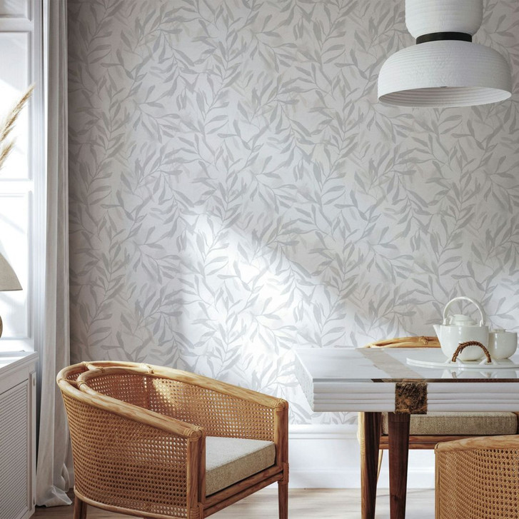Vliestapete in Weiss Grau Blätter Blattoptik Vintage Floral Natur - WA457190