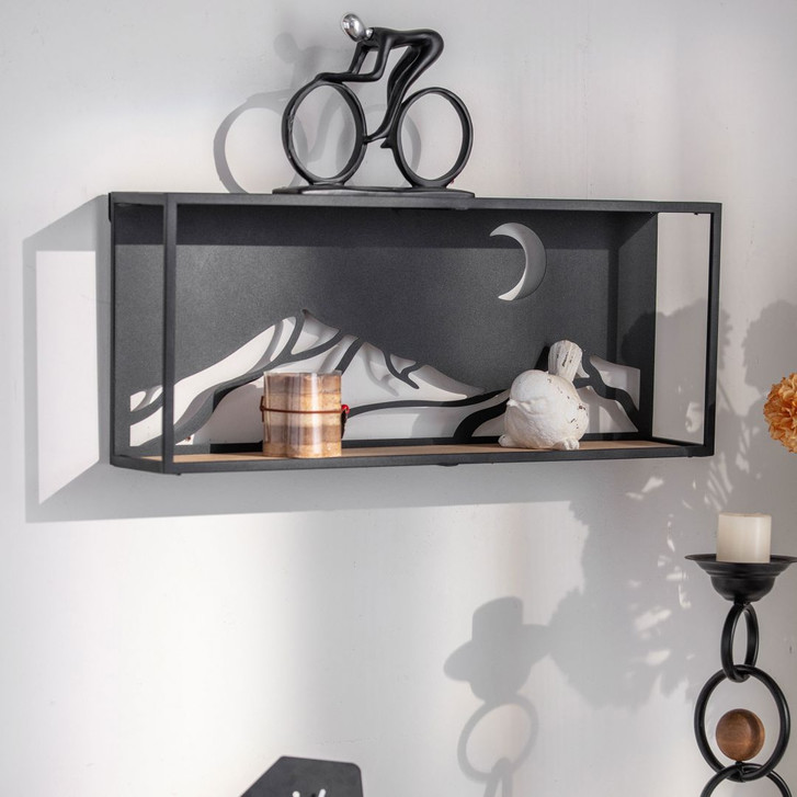 Wandregal Mond in der Berglandschaft - Aus Holz und Metall - 66 x 27 x 12 cm - WA419776