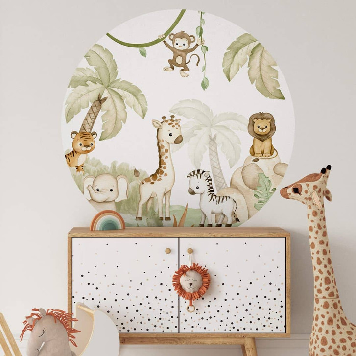 Wandtattoo Babyzimmer - Oliver Robins - Niedliche Tiere unter Palmen - Rund - WA412954