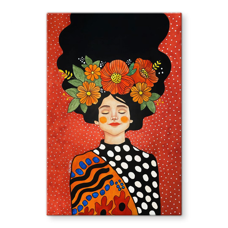 Glasbild Lächelnde Frau mit orangen Blumen - Hülya - WA495114