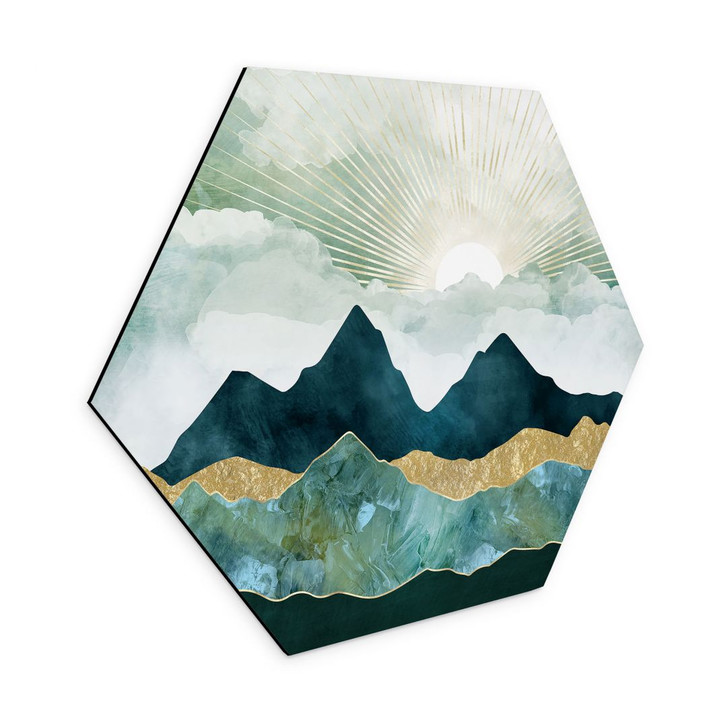 Hexagon Wandbild Sonnige Landschaft in Blau und Gold - SpaceFrog Designs - Alu-Dibond - WA422794