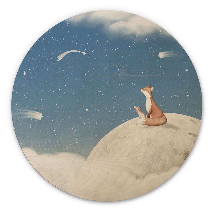 Holzbild Fuchs auf dem Mond mit Sternschnuppen - Oliver Robins - Rund - WA401232