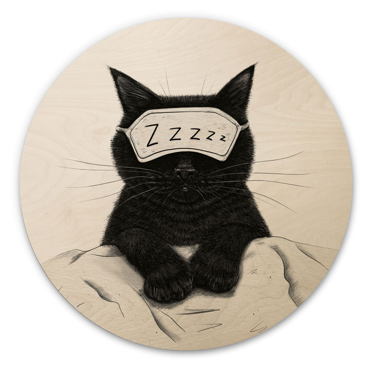 Holzbild Schwarze Katze mit Schlafmaske - Korenkova - Rund - WA514410