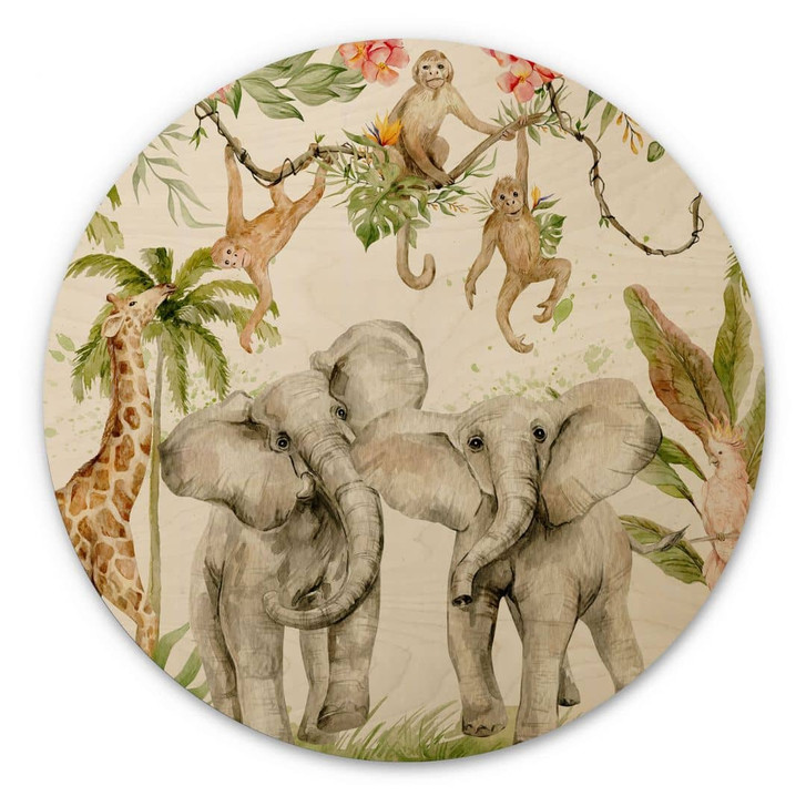 Holzbild Tiere im tropischen Dschungel - UN Designs - Rund - WA401105