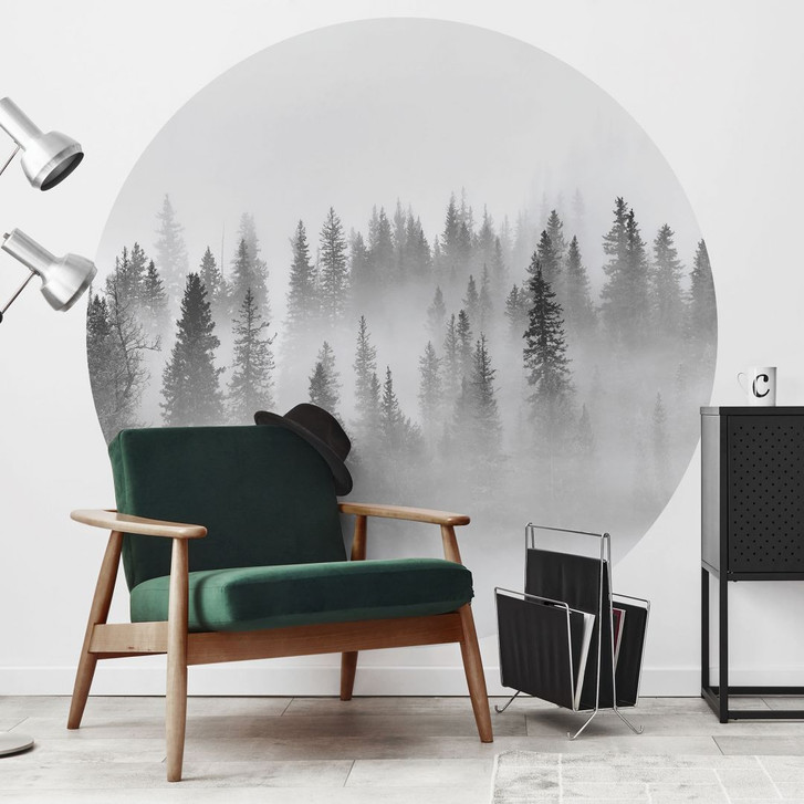 Fototapete Nebelwald in Schwarz-Weiss - Waldtapete Rund - Xu - Selbstklebend/Vlies - WA399454