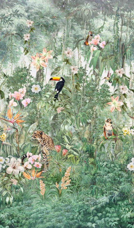 Fototapete Wandtapete mit Motiv Dschungel Tiere und Blumen mit Tukan Aquarell 2.7 x 1.59 m - WA505174