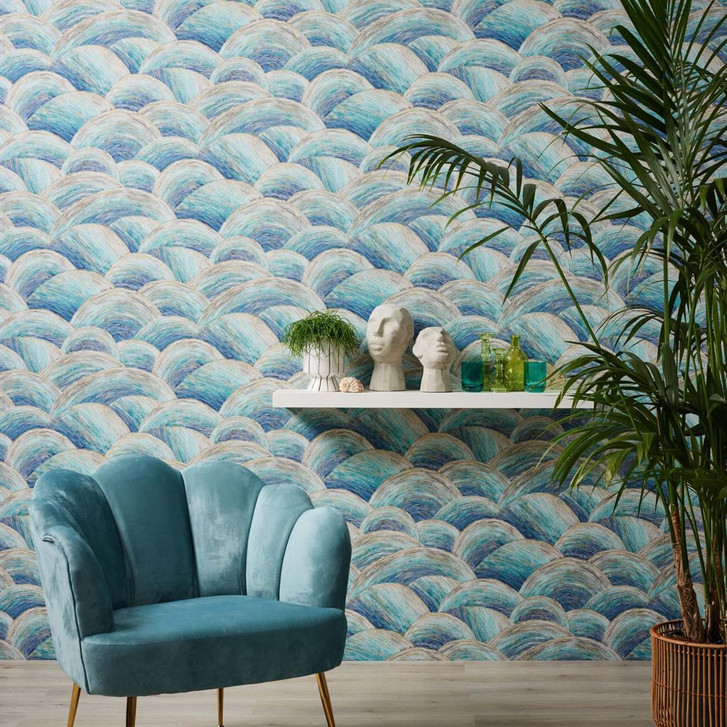 Moderne Vliestapete Wellen Türkis, Blau, Gold - Design Tapete modern für Badezimmer, Wohnzimmer - WA378643