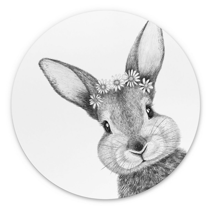 Rundes Wandbild Niedlicher Hase mit Kamillenblumen - Korenkova - Alu- Dibond - WA434209