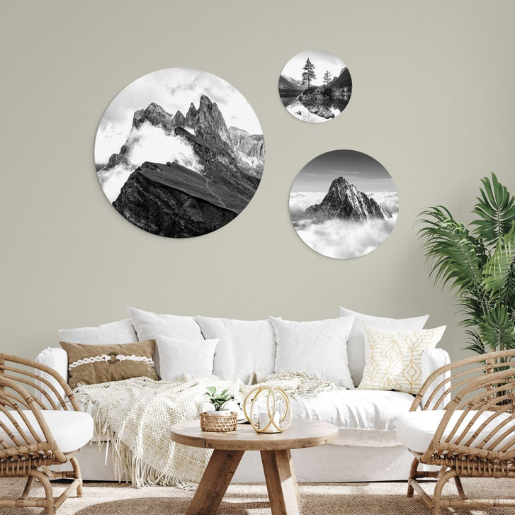Rundes Wandbilder-Set Berggipfel in den Wolken - Schwarz-weiss (3-teilig) - Alu-Dibond - WA431537