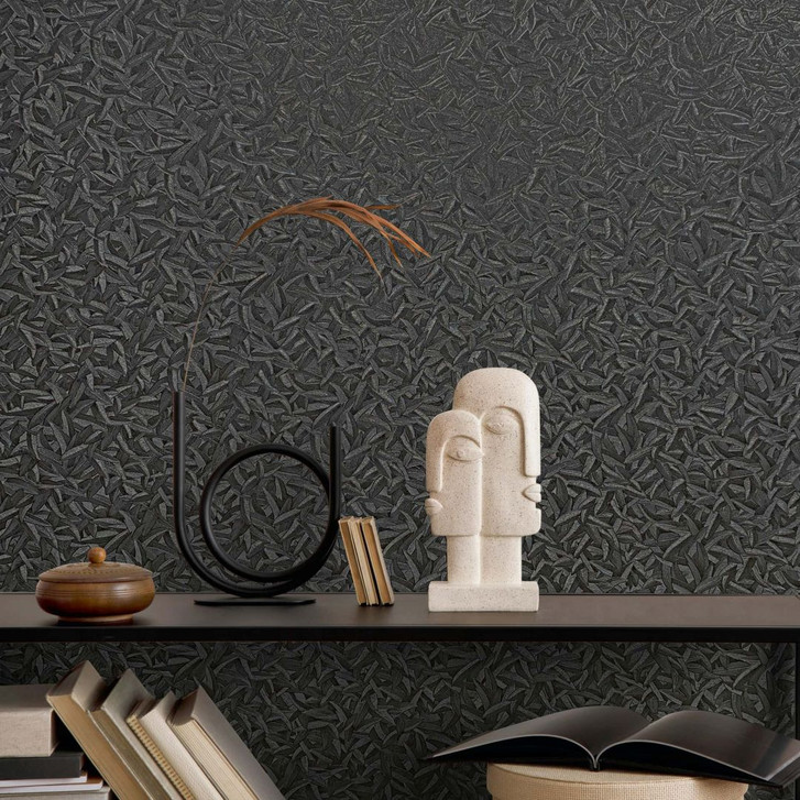 Vliestapete 3D-Optik, Blattmotiv Floral Klassisch in Schwarz - WA508535