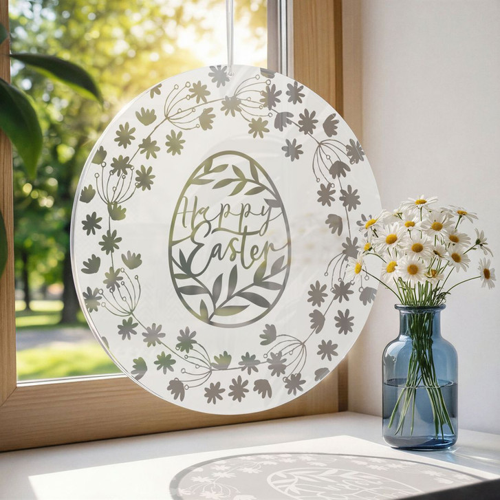 Acrylglasbild, Fensterbild zum Aufhängen Happy Easter im Blumenkranz - Rund - WA491301