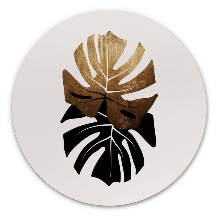 Alu-Dibond Kubistika - Schwarz-goldene Monstera Blätter - Rund - WA325603