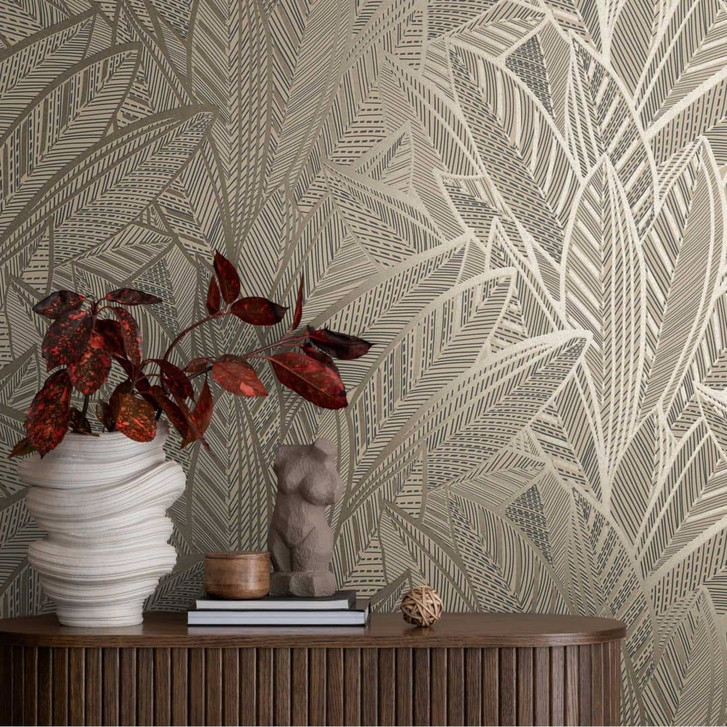 Dschungel-Tapete mit Blattmuster Beige Braun – Exotische Vliestapete modern & elegant - WA457004