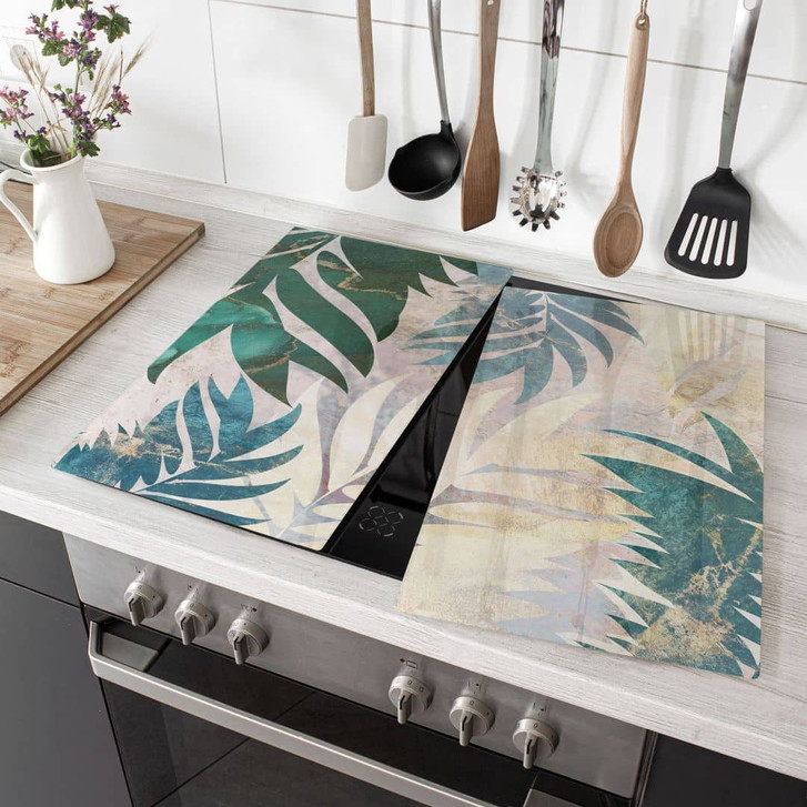 Herdabdeckplatte Exotische Palmenblätter in Gold-grün - Manovski - WA472205