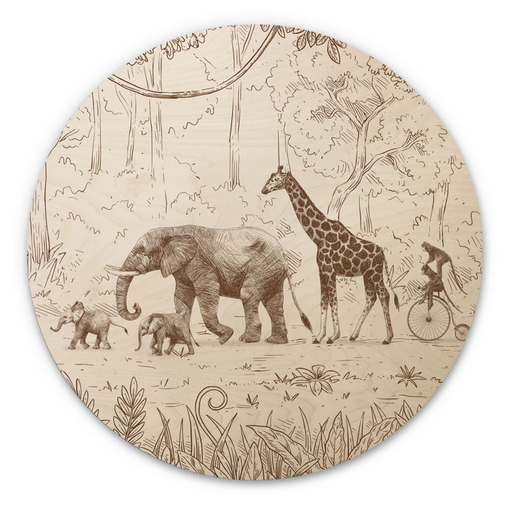 Holzbild Dschungel-Parade mit Tieren - Kikki Belle - Rund - WA425190