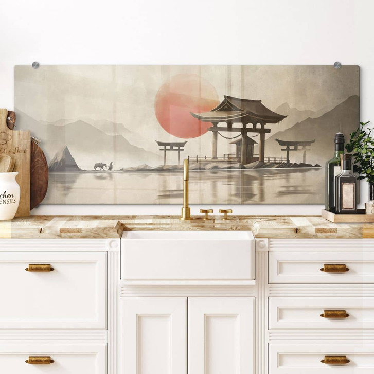Spritzschutz Japanischer Tempel im Sonnenaufgang - Roze - Panorama - WA448280