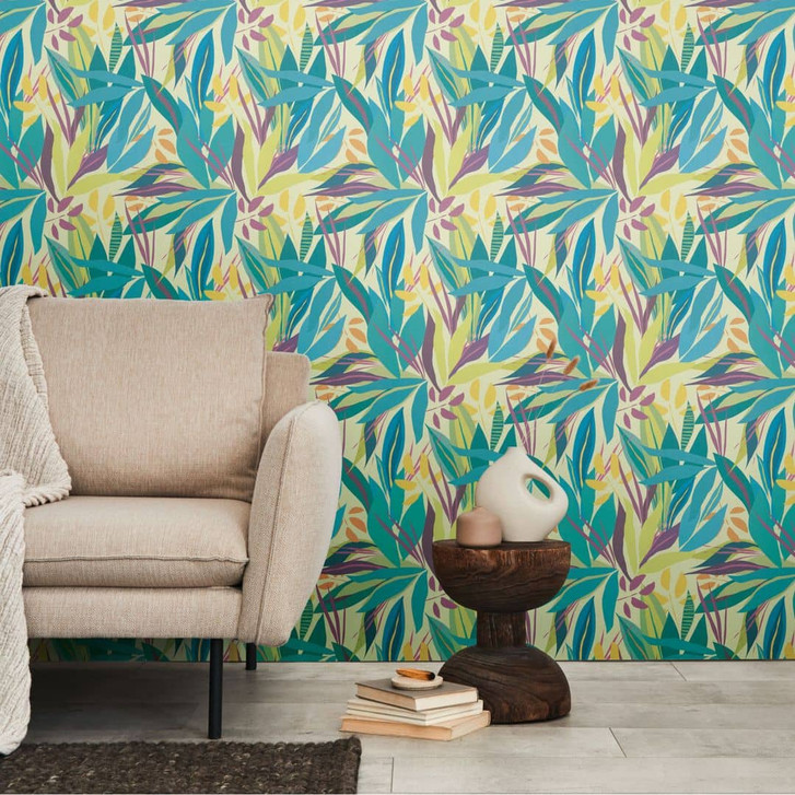 Tropen-Tapete bunt Hellgrün – Exotisches Blätter-Motiv – Vliestapete modern - WA465527