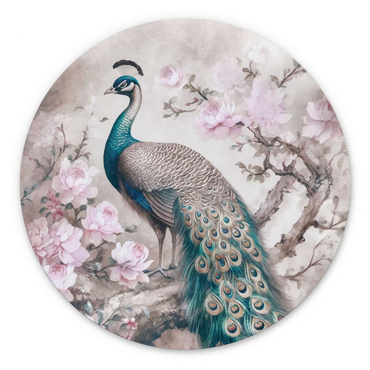 Wandbild Edler Pfau mit Blüten - Haase - Alu-Dibond - Rund - WA394065