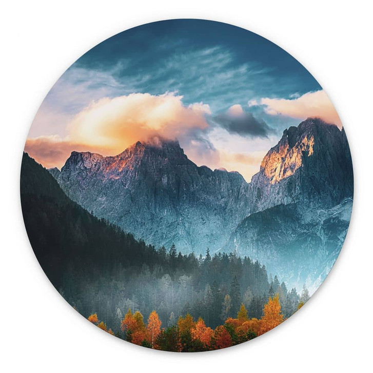 Wandbild Herbstliche Landschaft am Gipfel Triglav in den Julischen Alpen - Alu-Dibond Rund - WA431592