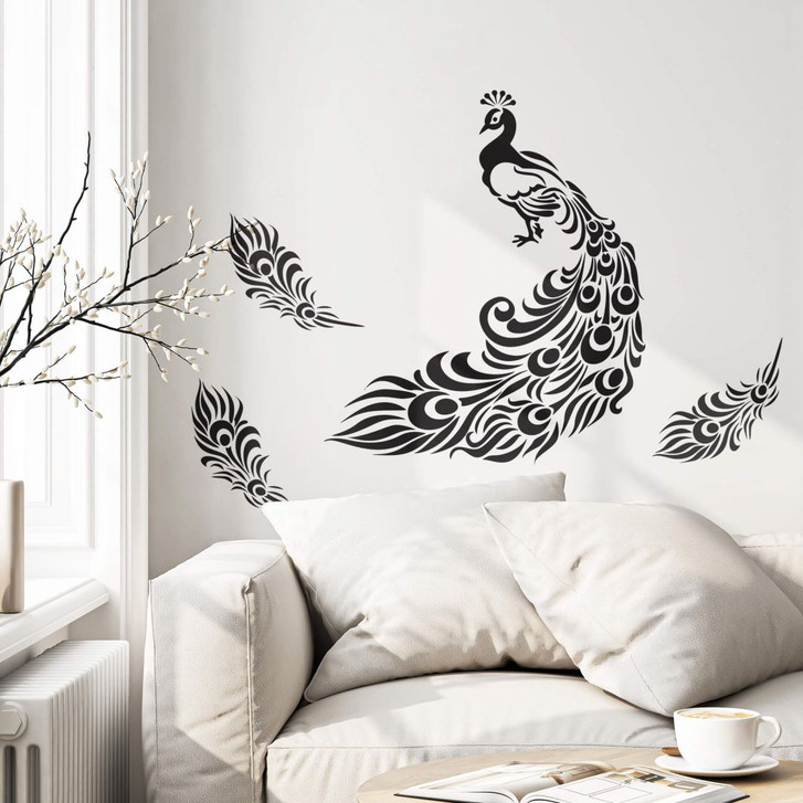 Wandtattoo Kleiner Pfau mit langem Federkleid + 3 Pfauenfedern - WA420352