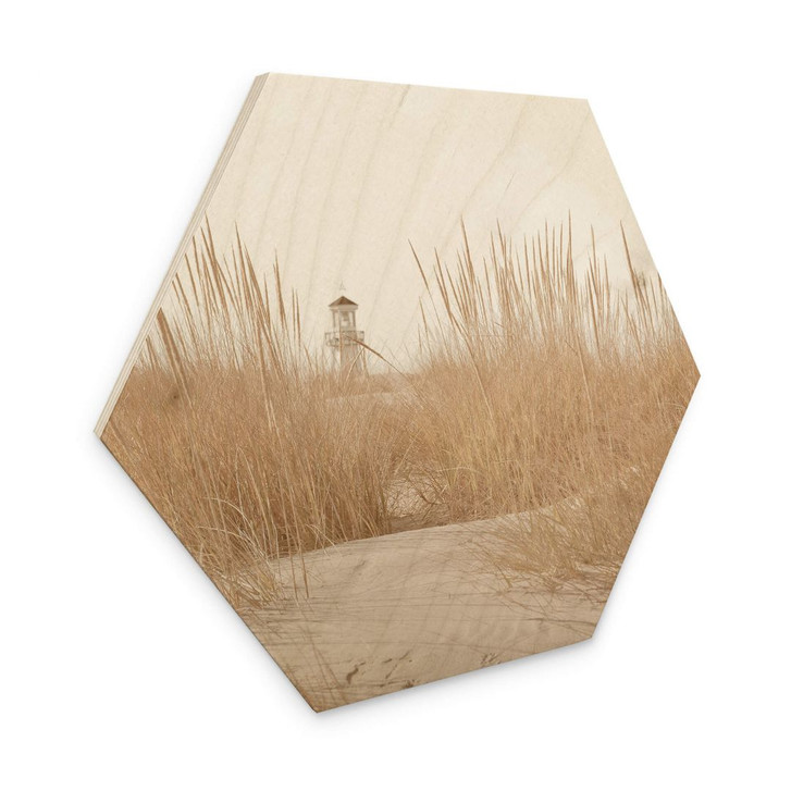 Hexagon Holzbild Leuchtturm im Dünengras - WA354525