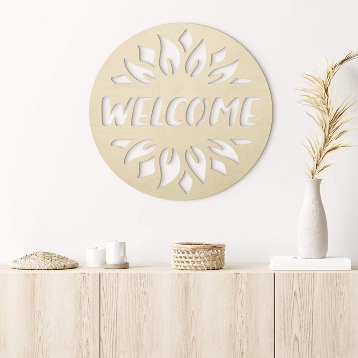 Holzdeko Türschild - Welcome Sonnenblume - Pappel - Rund - WA402118