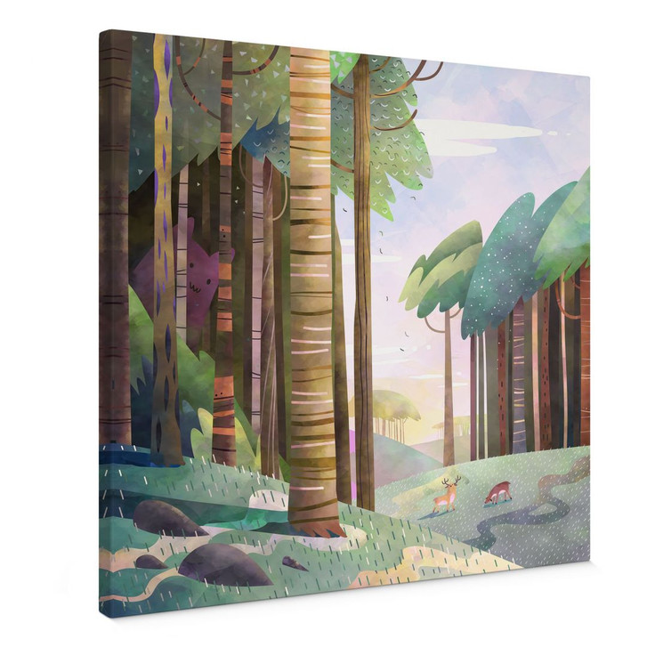 Leinwandbild Sonniger Wald mit Hirsch - DigitalArtsi - WA487457