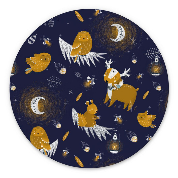 Wandbild Waldtiere in der Nacht - UN Designs - Rund - Alu-Dibond - WA422535