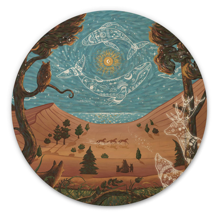Holzbild Spirituelles Tierreich in der Nacht - Oliver Robins - Rund - WA516154